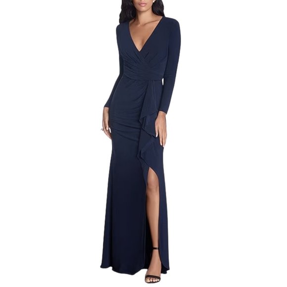 NWT Betsy & Adam Long Sleeve Surplice V-Neck Front Slit Side Ruched Gown in Navy - Picture 2 of 5